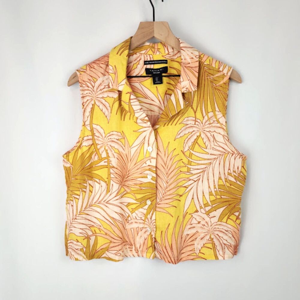 Tahari Women's Pink and Yellow Tropical Linen Sleeveless Top Size L